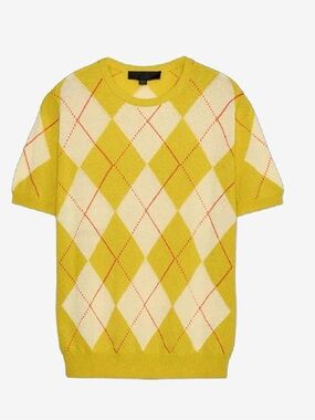 Zara Yellow and Cream Argyle Short-Sleeve Crewneck Sweater